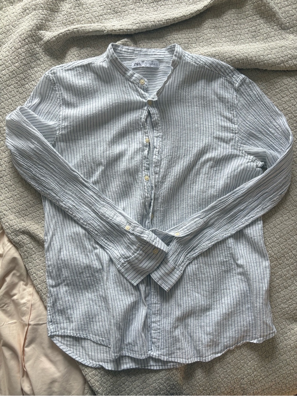 Zara Men’s Light Blue Striped Grandad-Collar Shirt